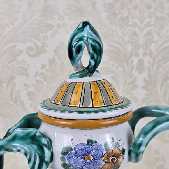 Vintage Hand Painted Footed Ceramic Water Pitcher Green White Floral Signed 1994 - Picture 2 of 16